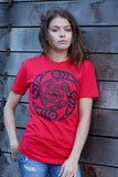 female model in red salish whorl t-shirt