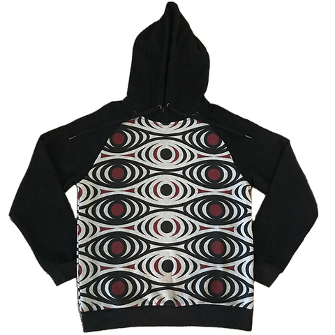 Gray hoodie pullover sweatshirt with black and red pattern