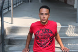 male model in red salish whorl t-shirt